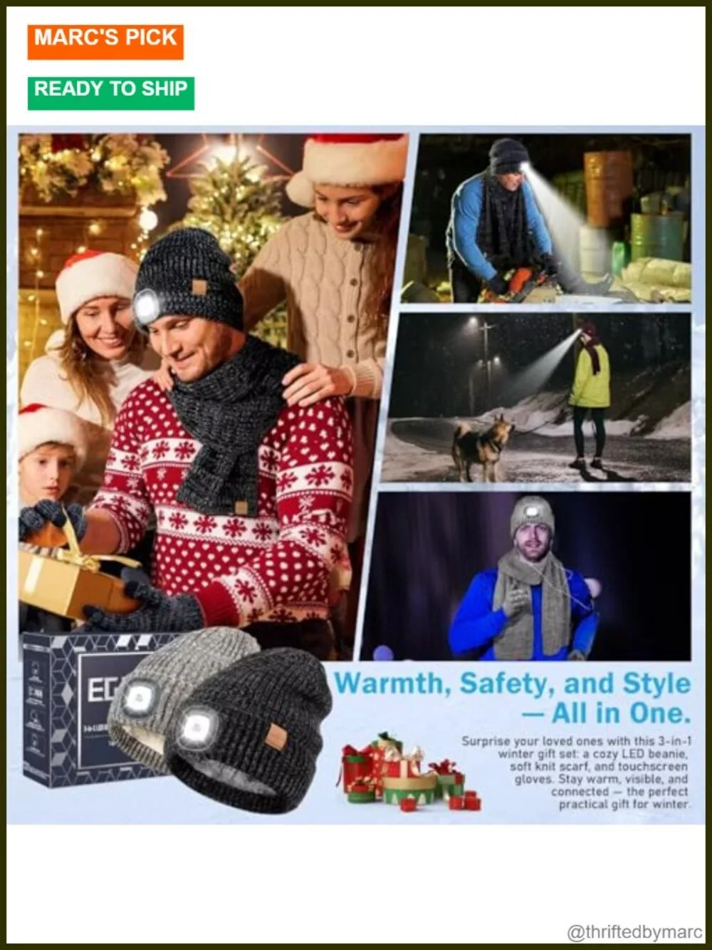 LED Beanie Gloves Scarf Set, Winter Hat with Light, Touchscreen Gloves, 3 in 1